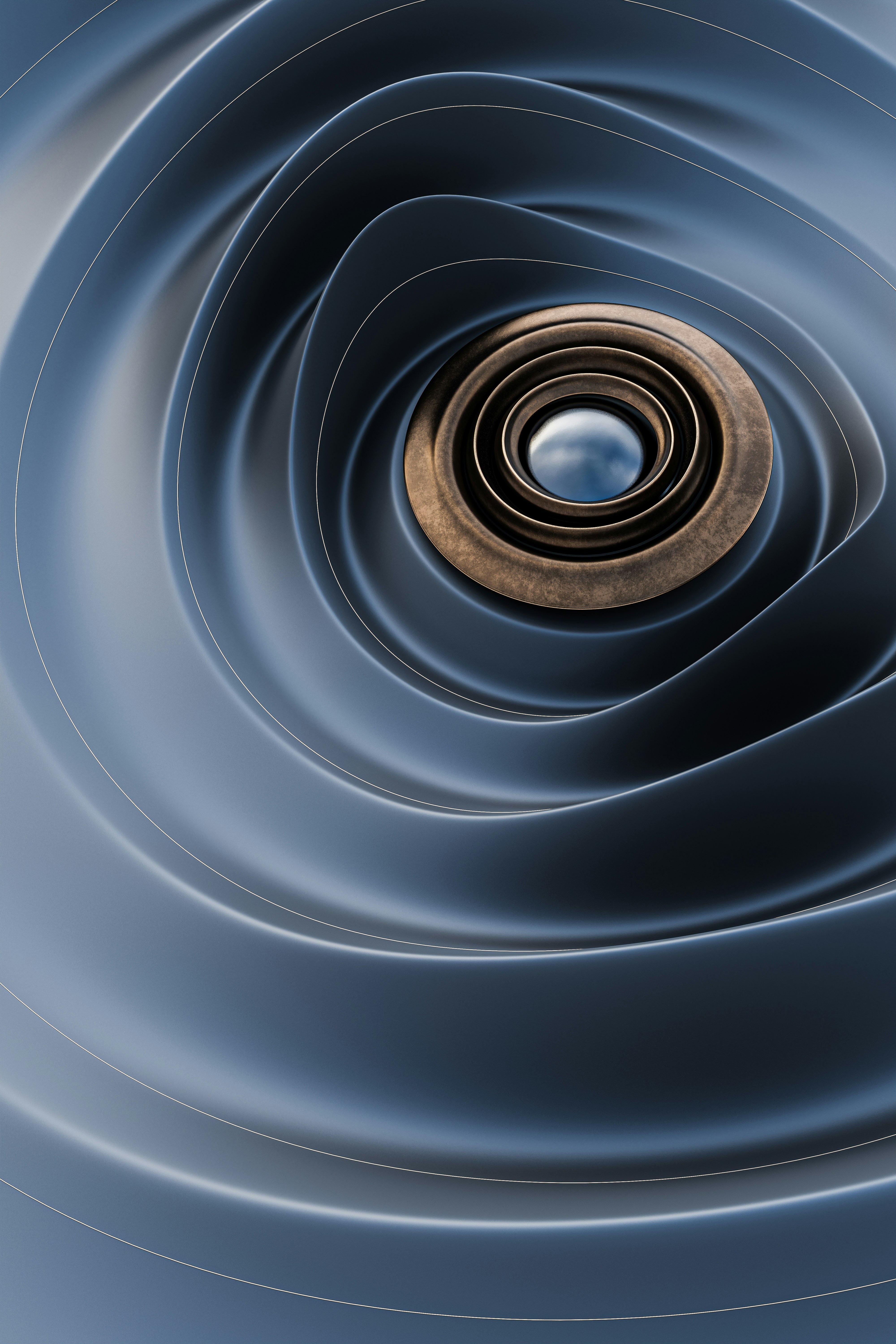 Abstract 3D cluster of curved shapes in white and blue floating against gradient background.
