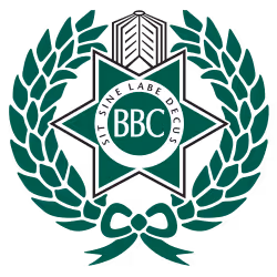 BBC emblem with green wreath, white star, and Latin motto 'SIT SINE LABE DECUS'.