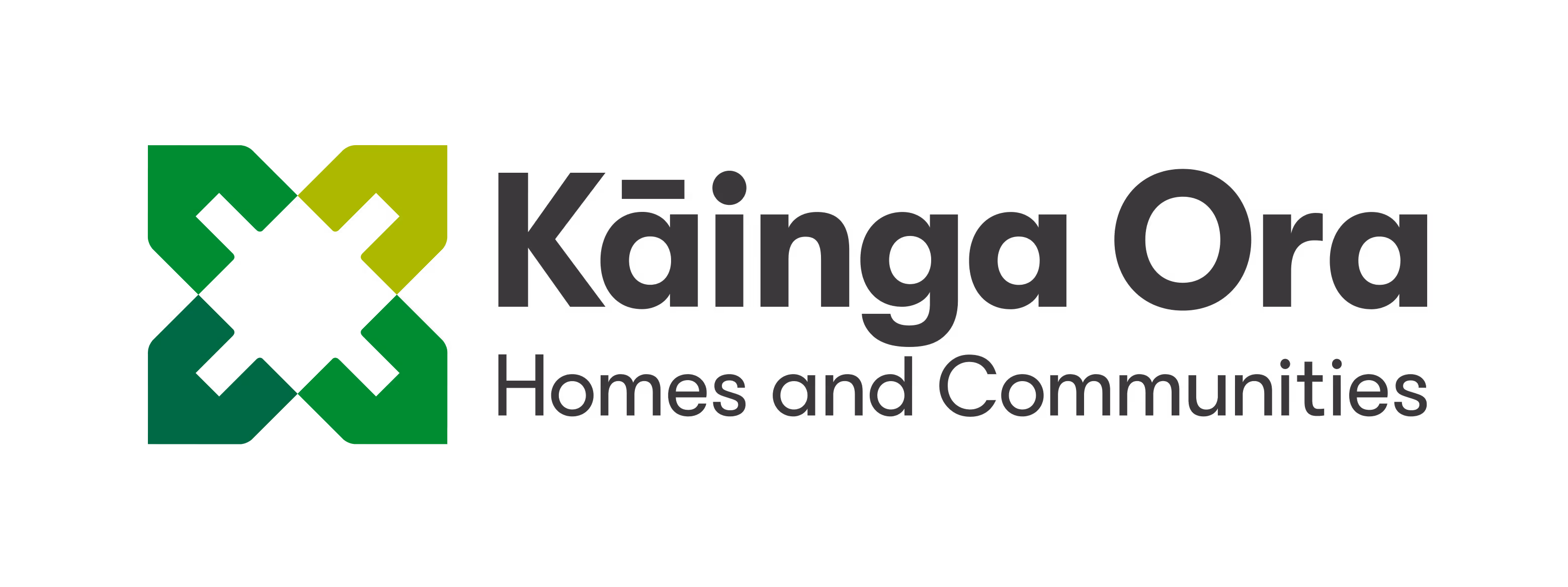 Kainga Ora logo with green geometric symbol and text Homes and Communities.