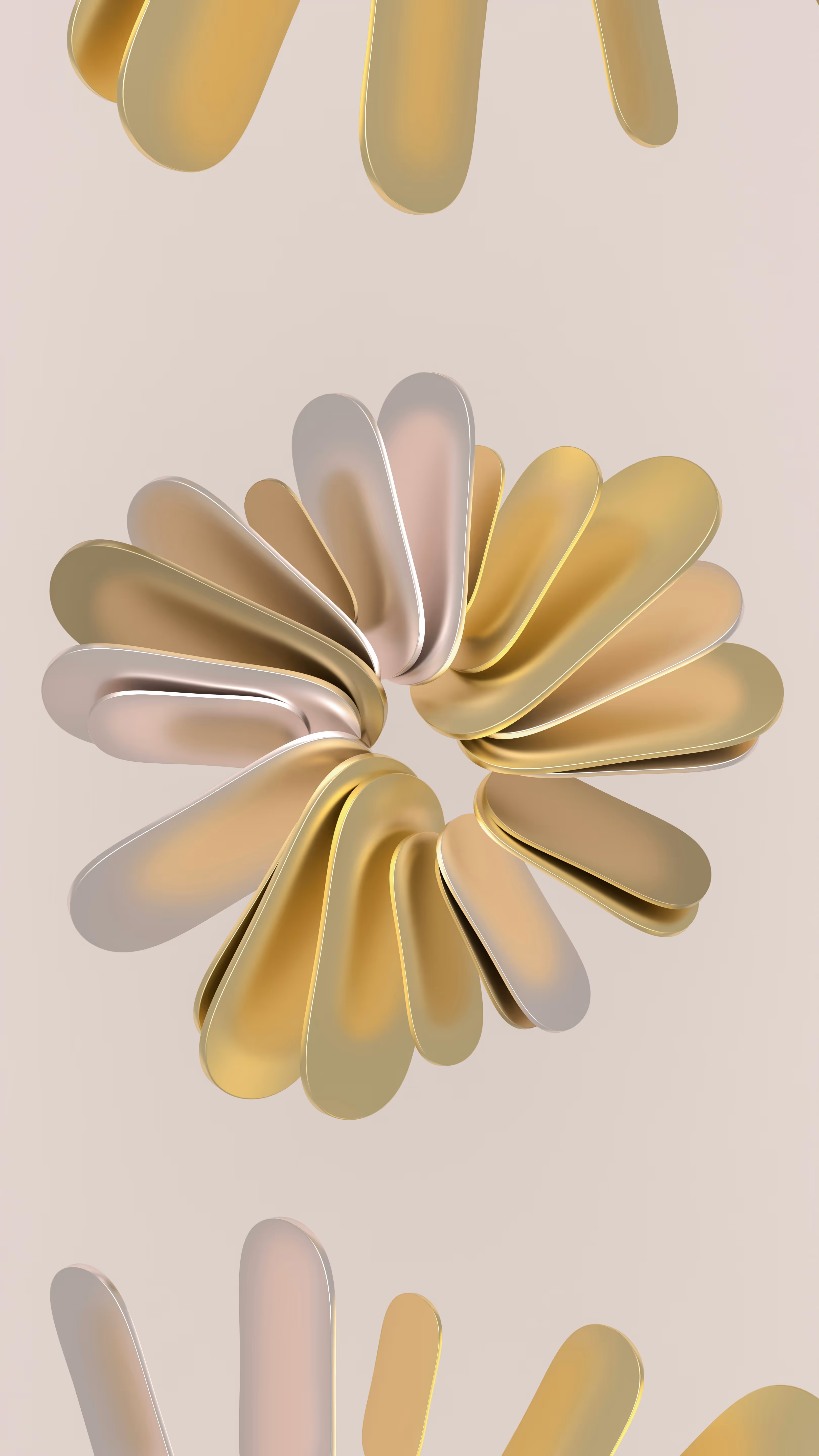 Abstract metallic layered shapes resembling elongated teardrops overlapping on a light blue background.