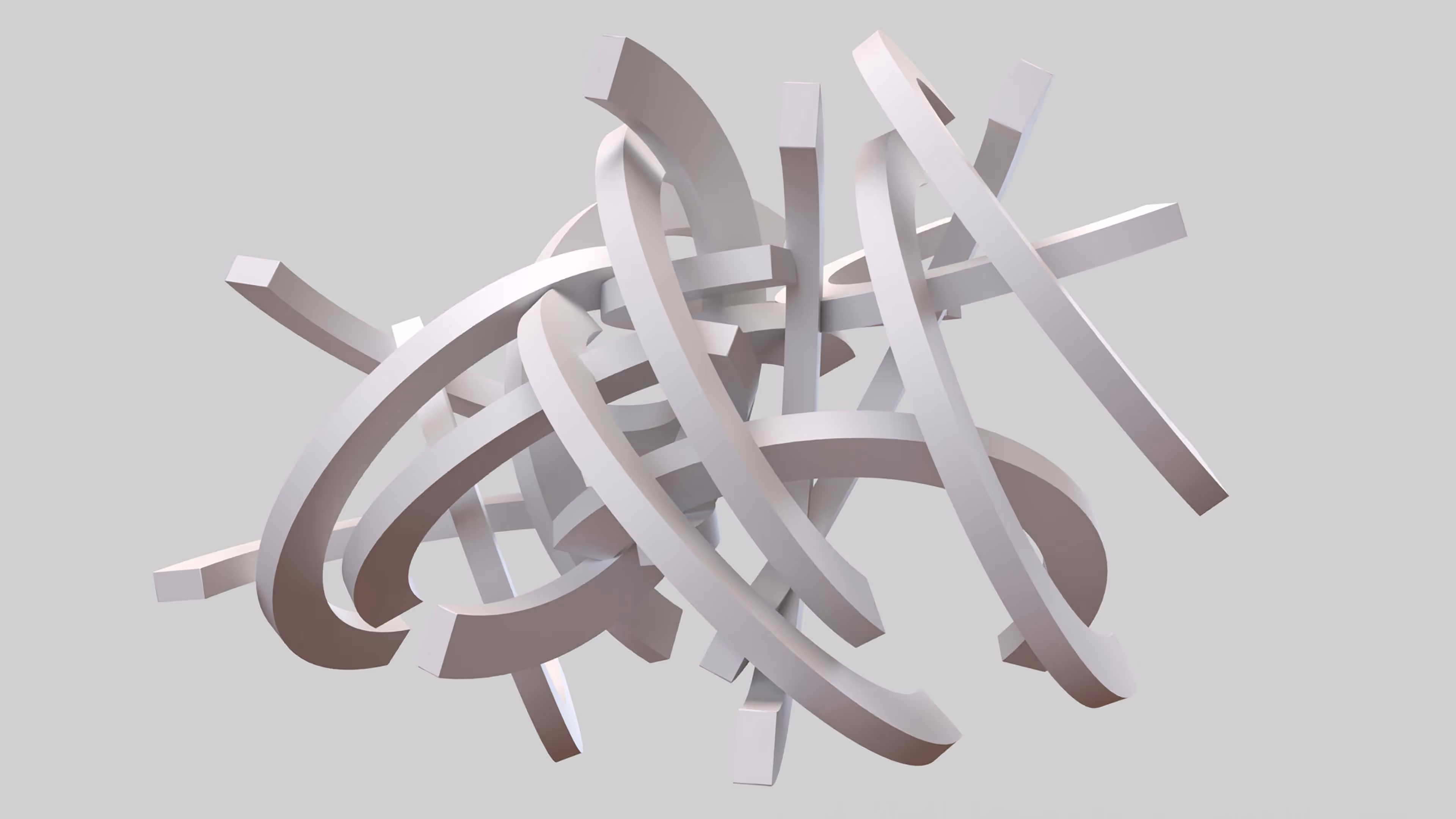 Abstract 3D illustration of interwoven white curved and straight bars on a light gray background.