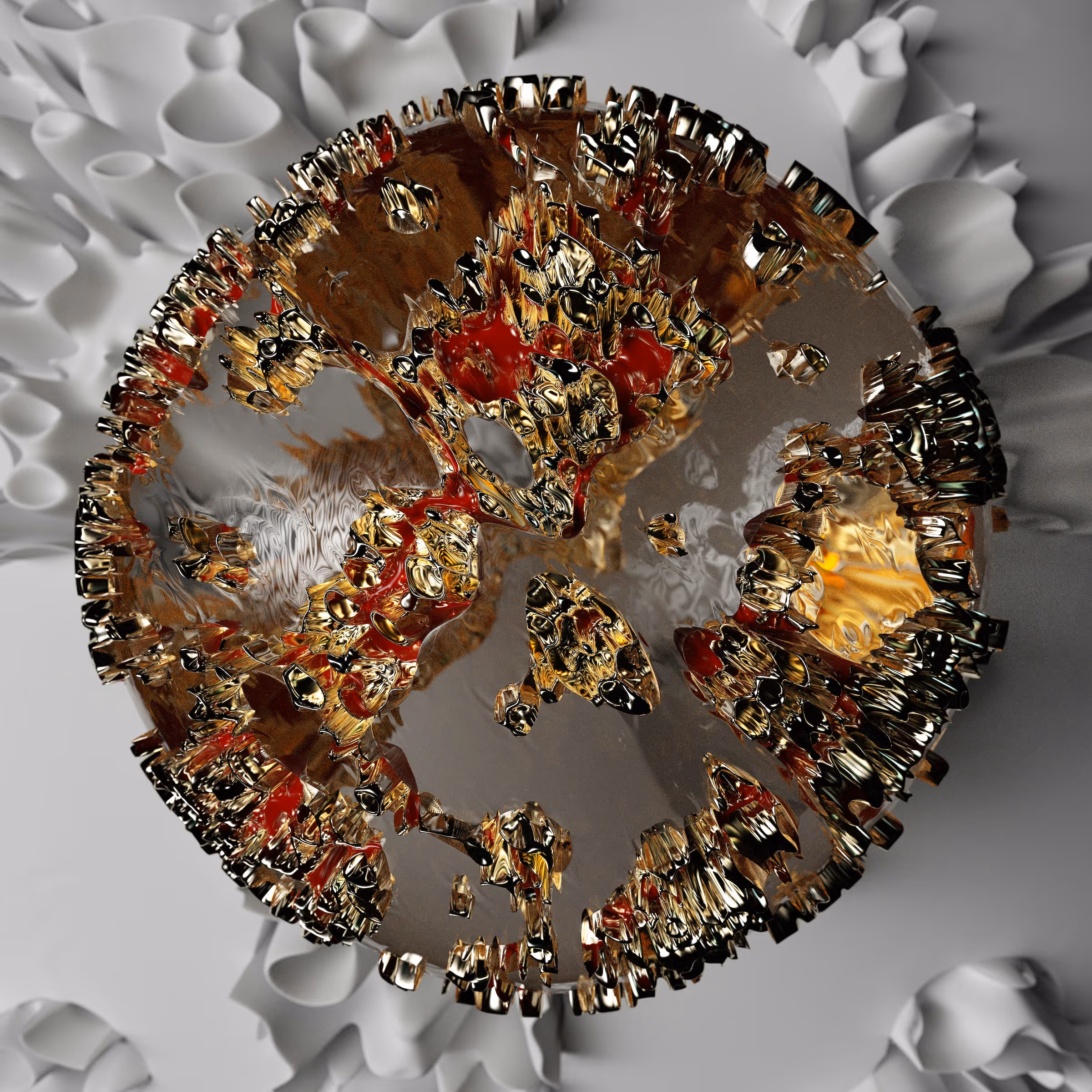 Shiny abstract metallic sphere with irregular red and gold protrusions on a wrinkled white surface.
