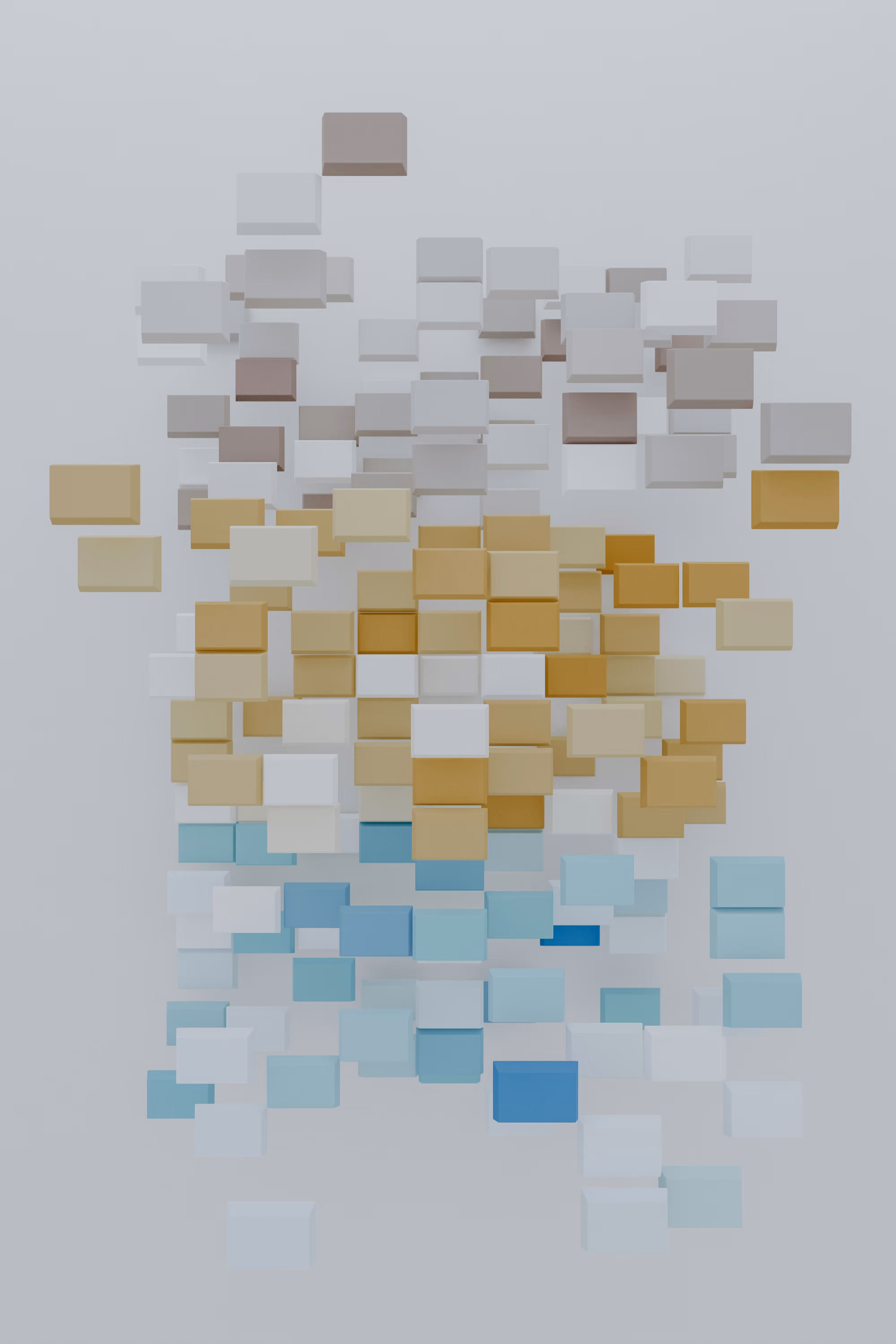 Abstract floating 3D blocks in shades of beige, blue, and gray on a light background.