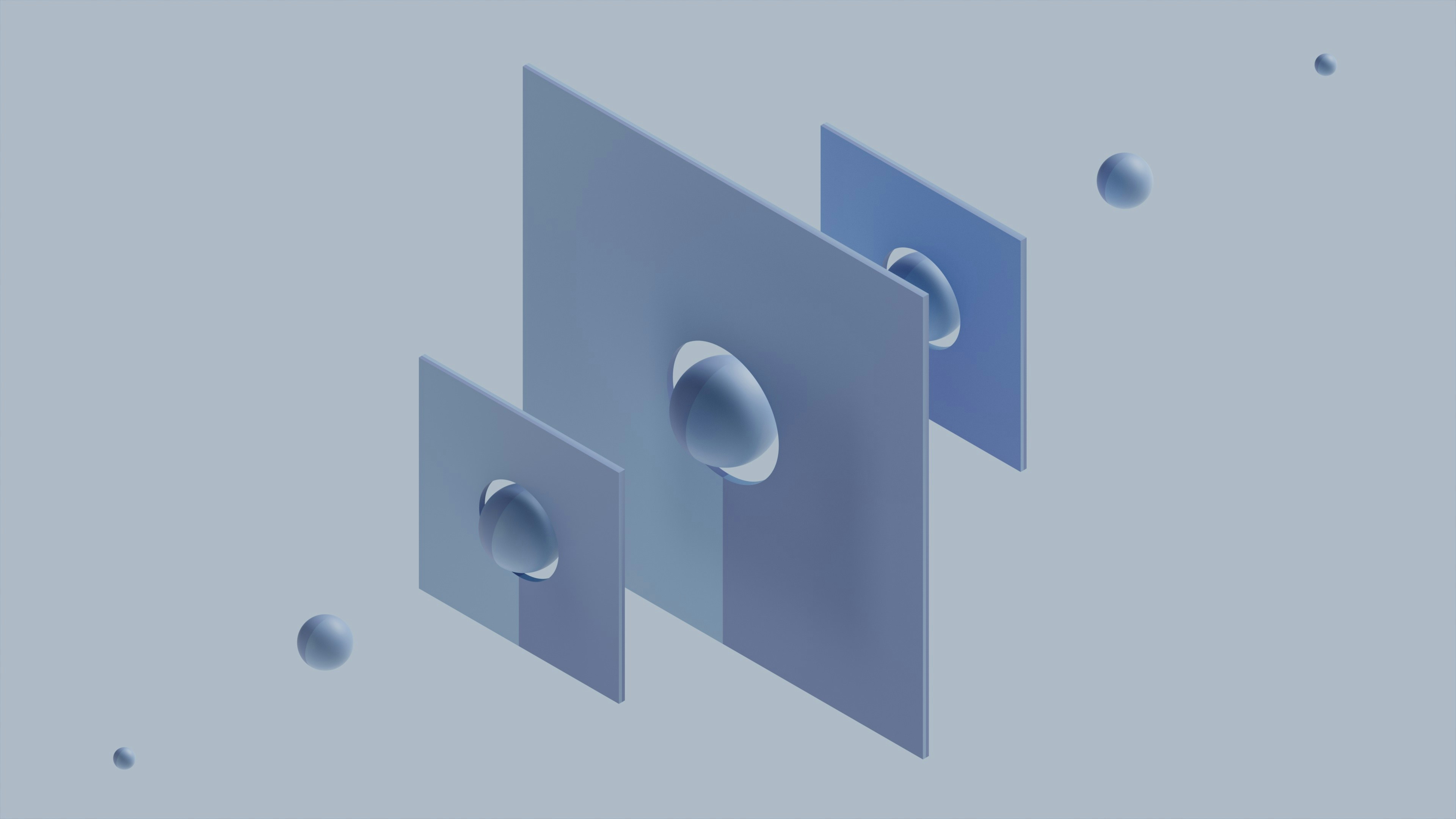 Floating blue spheres intersecting through rectangular blue panels on a soft blue background.