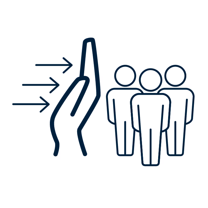 Hand raised in a stop gesture with arrows pointing to a group of three people representing harm prevention.