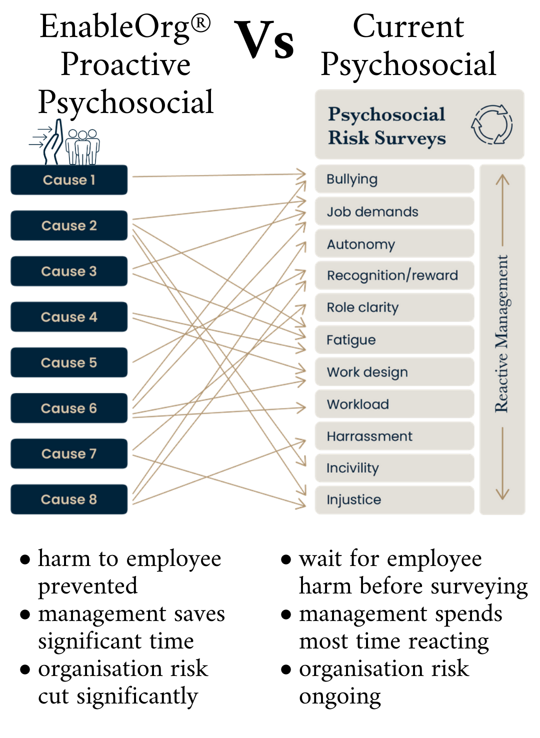 Diagram linking eight workplace causes to psychosocial risks like bullying, workload, and injustice for risk surveys.