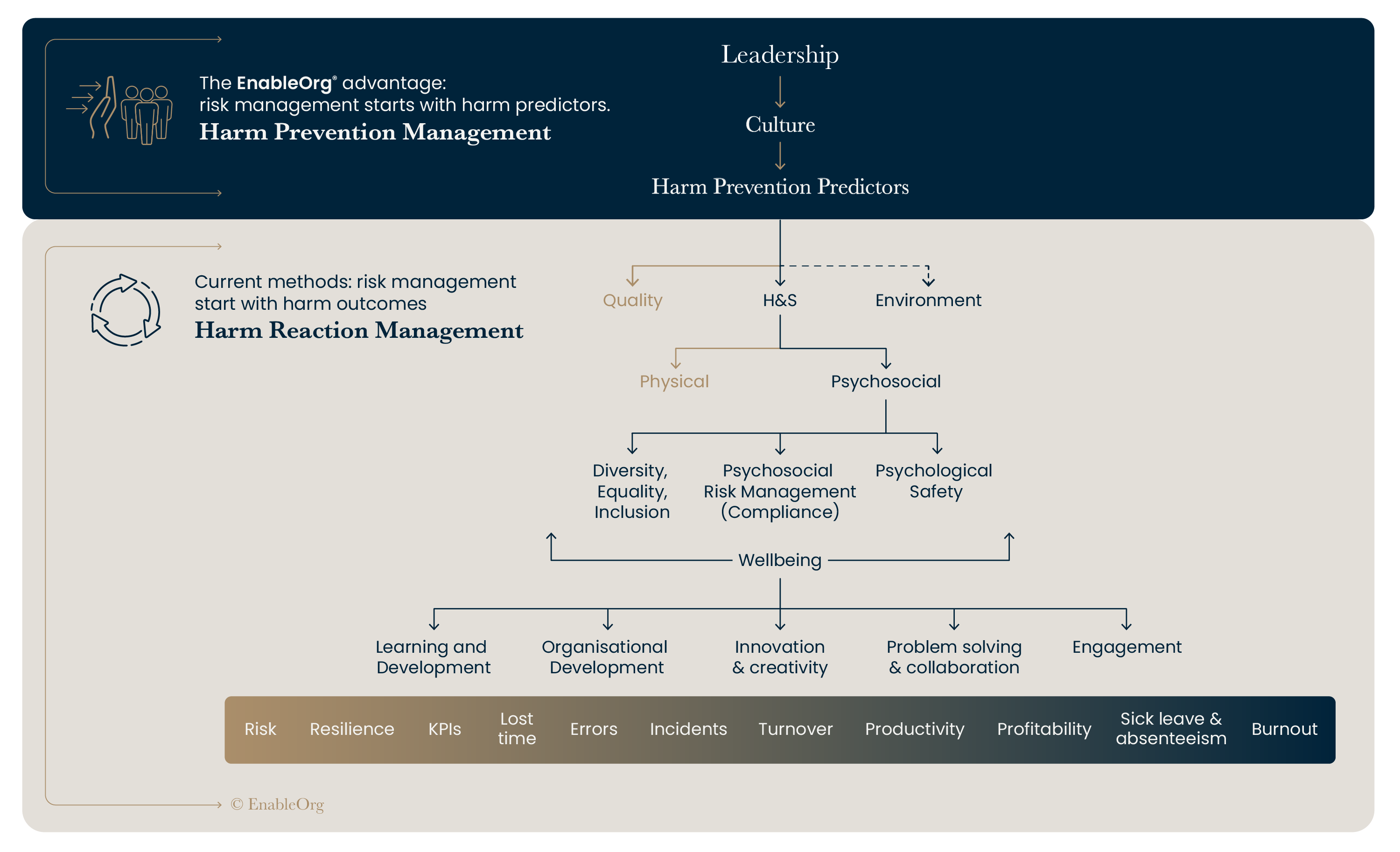 Graph showing Enablorg as proactive with psychosocial risk compliance above others listed as reactive with surveys.