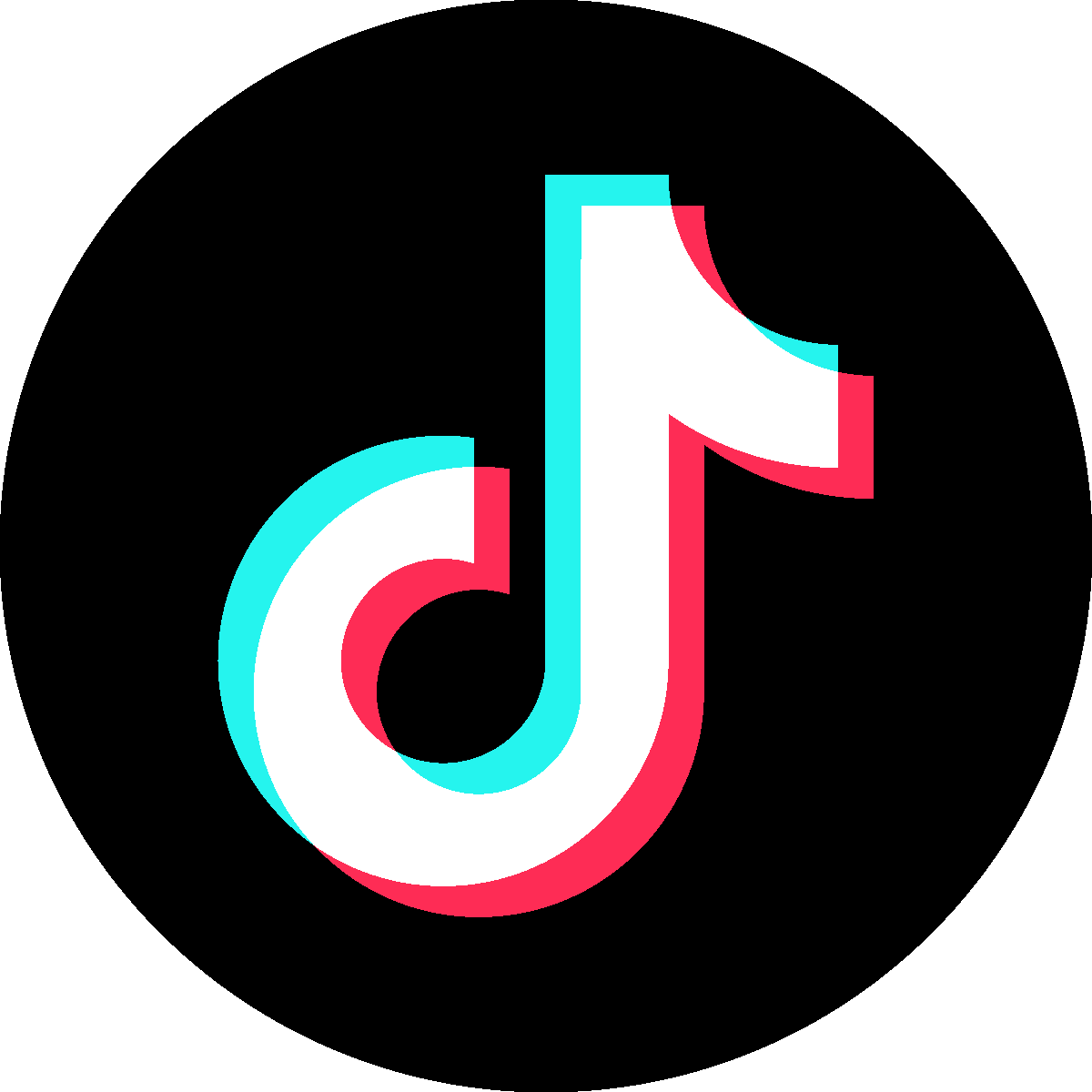 TikTok logo with a white musical note icon outlined in cyan and red on a black circular background.