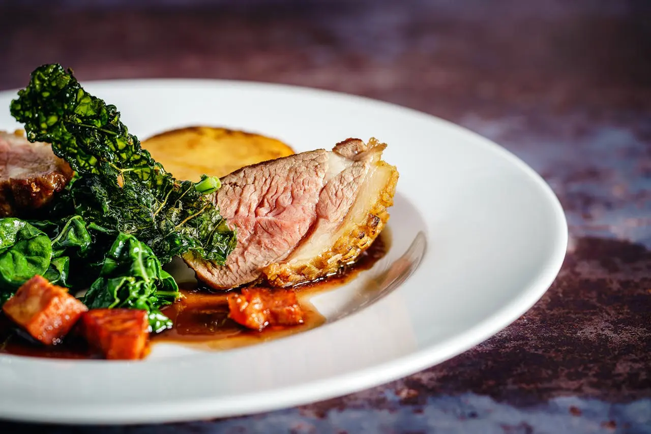 a cooked red meat and vegetables dish