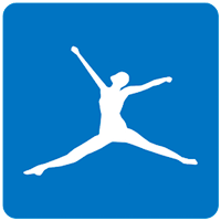 White silhouette of a jumping person with arms and legs spread on blue background
