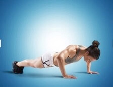 Muscular person doing push-ups on blue gradient background