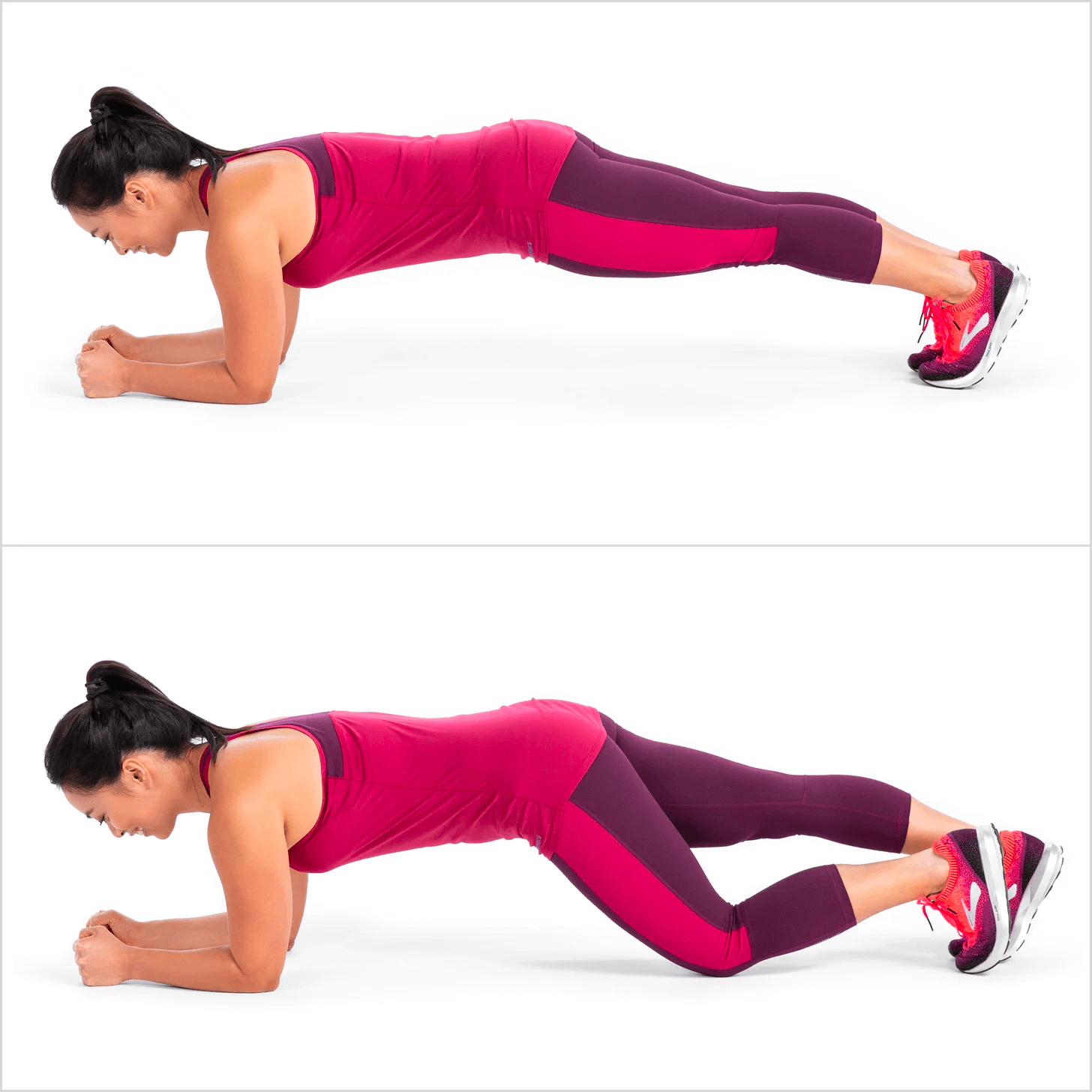 Fitness demonstration of plank exercise with leg movement variations