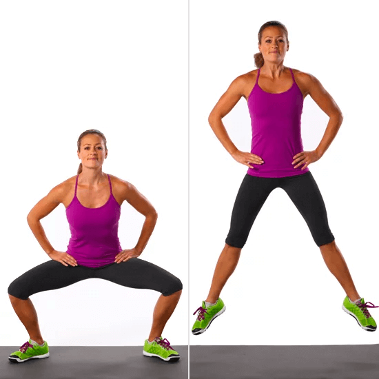 Woman demonstrating two positions of a squat jumping exercise