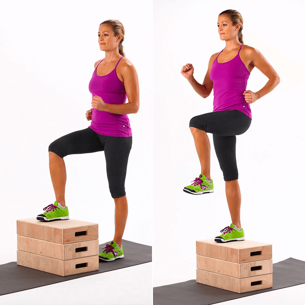 Woman demonstrating two-step box exercise in pink top and green shoes