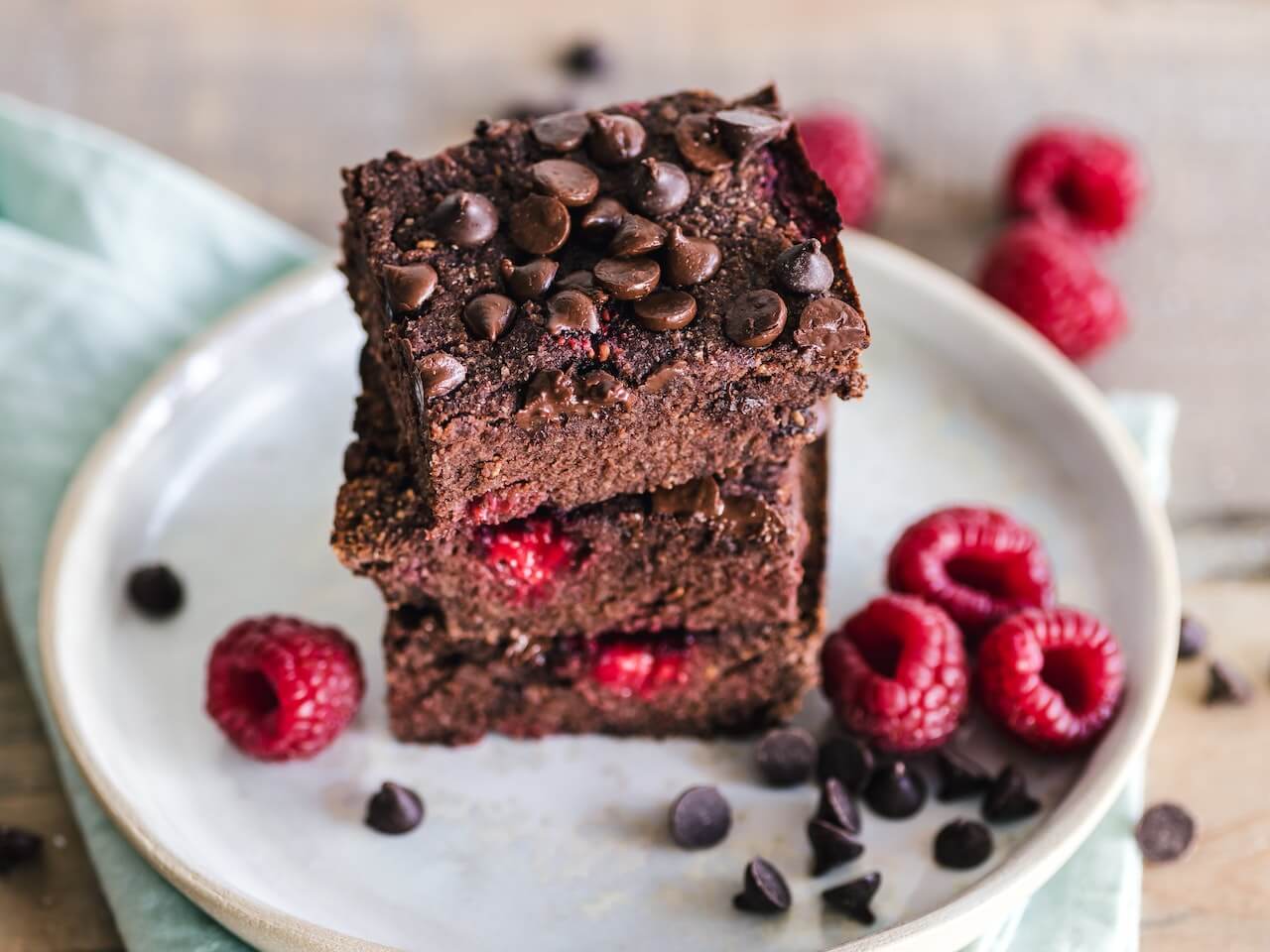 Chocolate raspberry brownies with chocolate chips and fresh raspberries