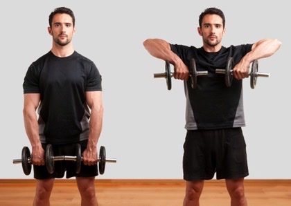 Man performing dumbbell exercises: standing pose and overhead shoulder press movements.