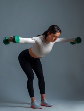 Woman performing lateral dumbbell raise exercise with weights in bent-over position.
