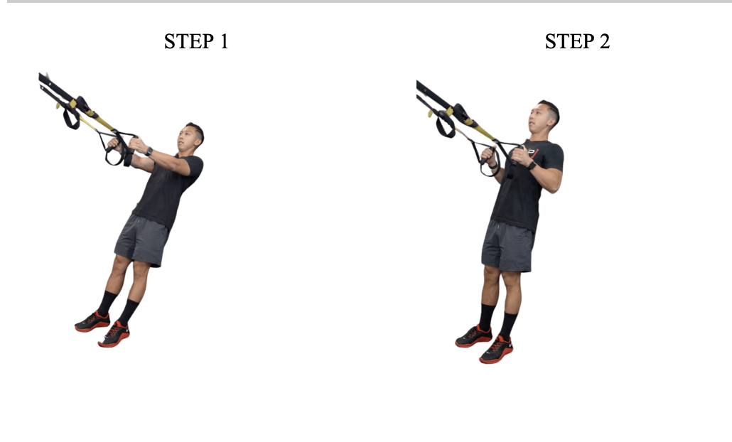 Man demonstrates suspension trainer exercise in two steps, progression movement shown