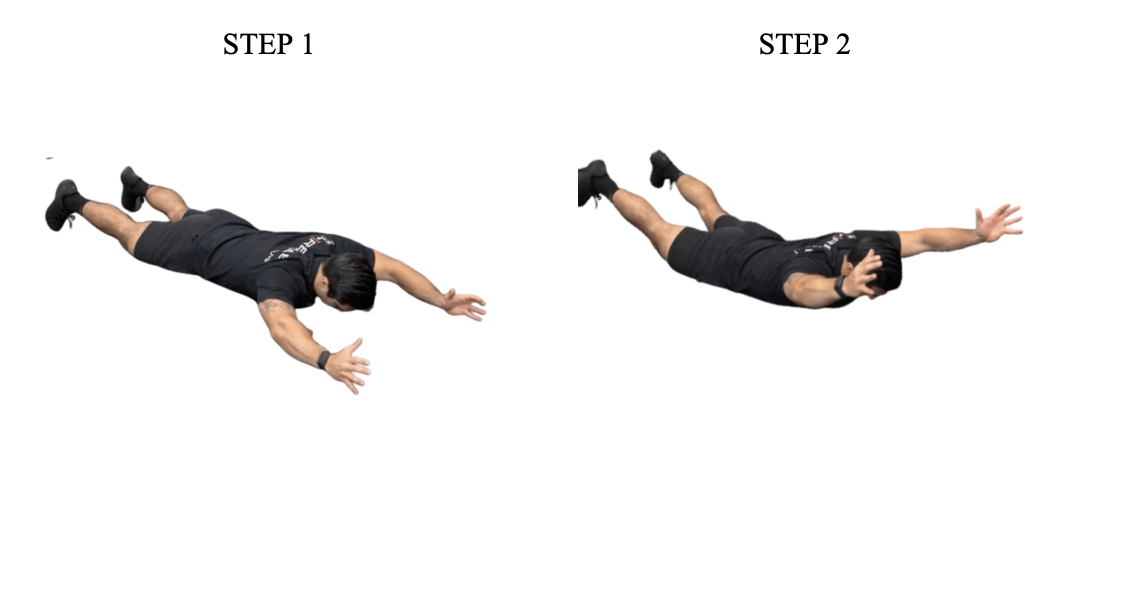 Superman exercise demonstration showing two-step prone plank to superman position technique