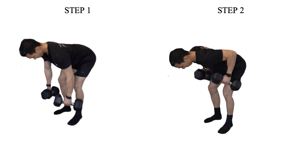 Man performing dumbbell bent-over row exercise in two steps: starting and pulling position
