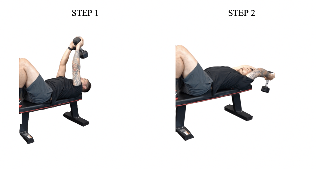 Two-step dumbbell exercise demonstration: lying chest press on weight bench.