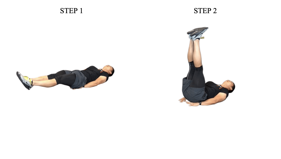 Two-step exercise instruction: lying position with extended leg, then lifting leg vertical upward