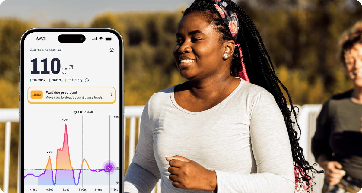 Woman jogging outdoors with glucose monitoring app showing 110 mg/dL on smartphone