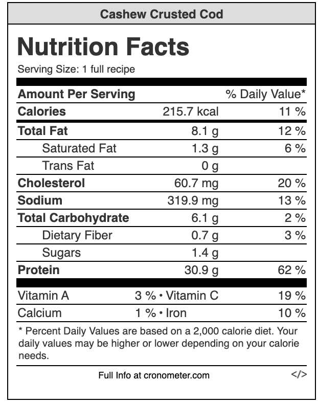 Nutrition Facts label for Cashew Crusted Cod showing 215.7 calories and 30.9g protein per serving.