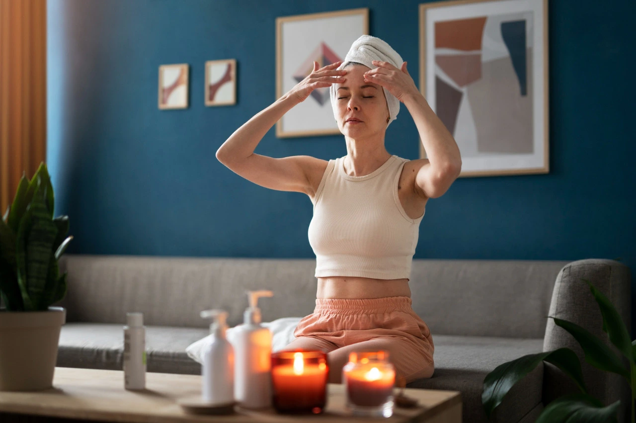 Woman applying face mask in teal modern living room with candles.