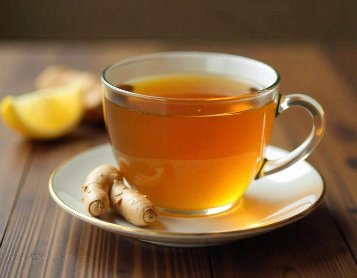 Cup of ginger tea with fresh ginger root and lemon slice on wooden table