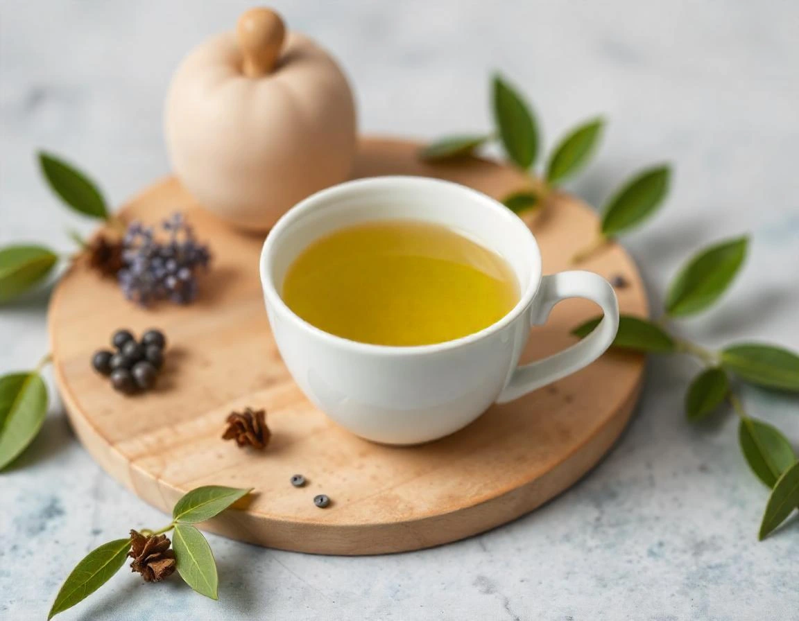 Cup of herbal tea on wooden board with fresh herbs and spices