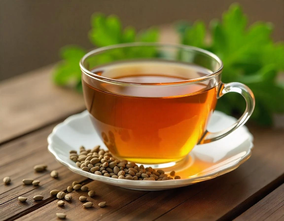 Hot cup of coriander seed tea on wooden table with fresh herbs
