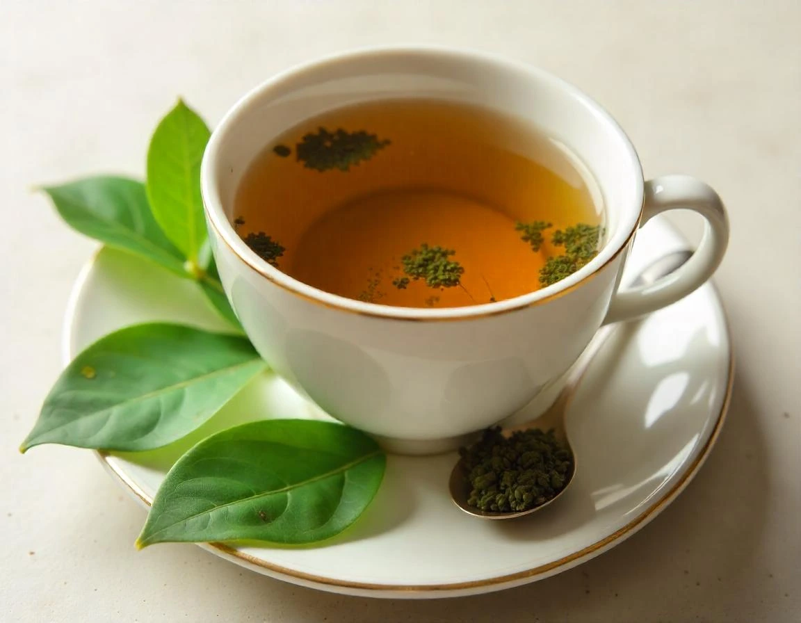 Cup of herbal tea with fresh green leaves and dried herbs on saucer.