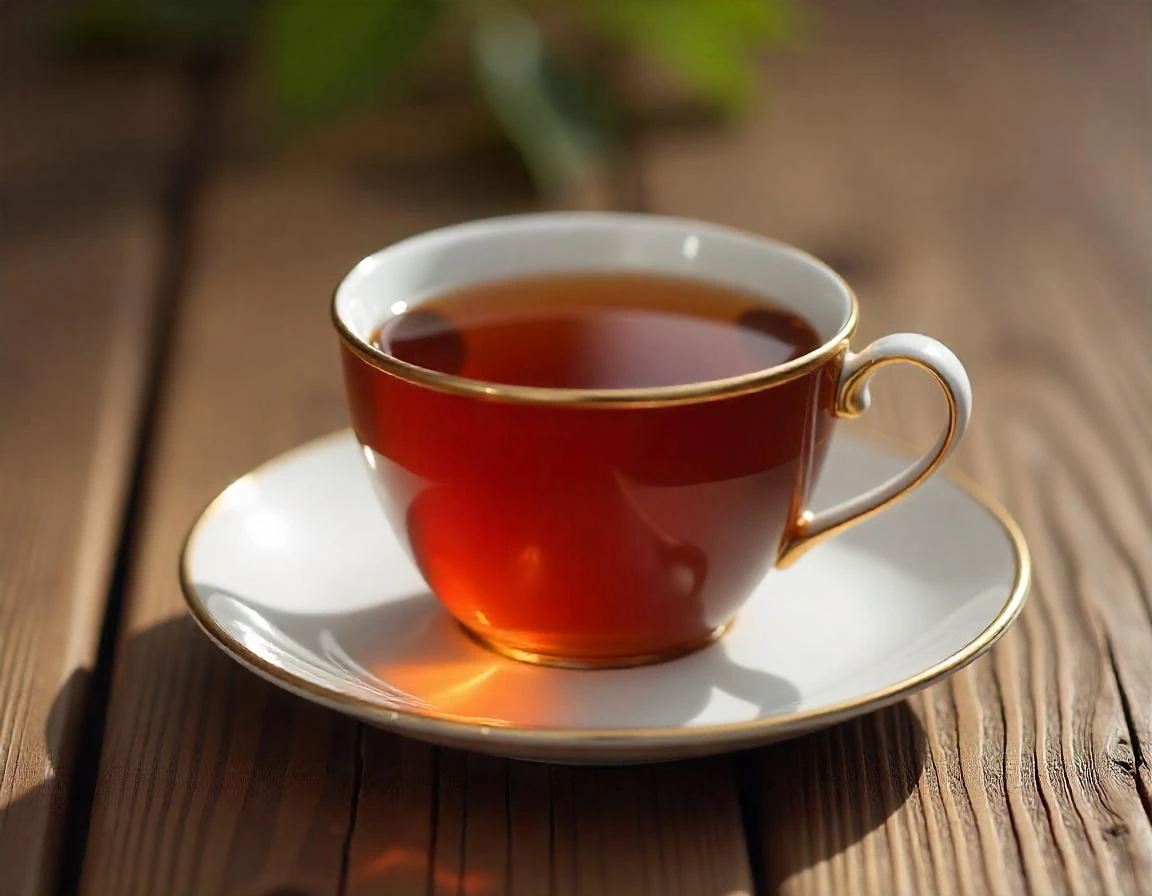 Elegant white teacup with gold trim containing deep red tea on wooden table