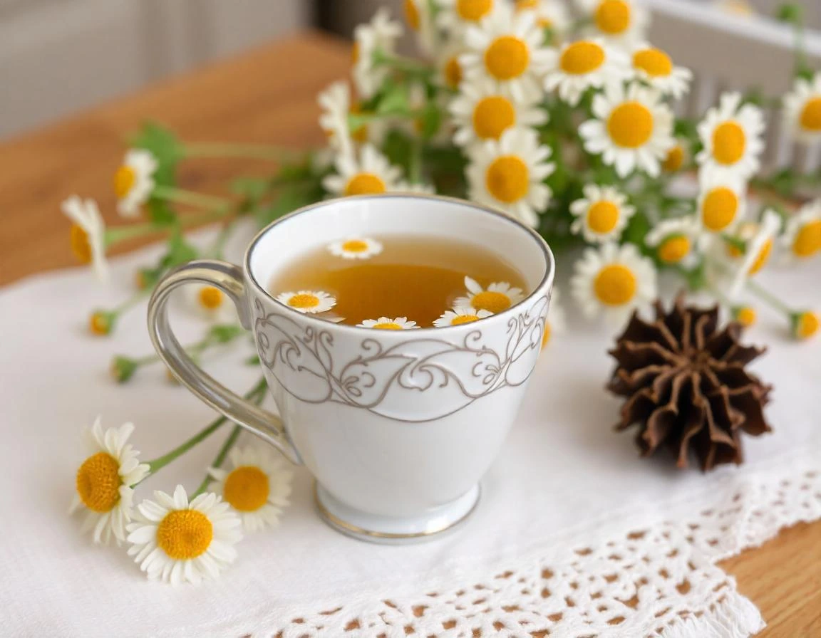 Cup of chamomile tea with fresh daisy flowers and dried seed pods on white lace.