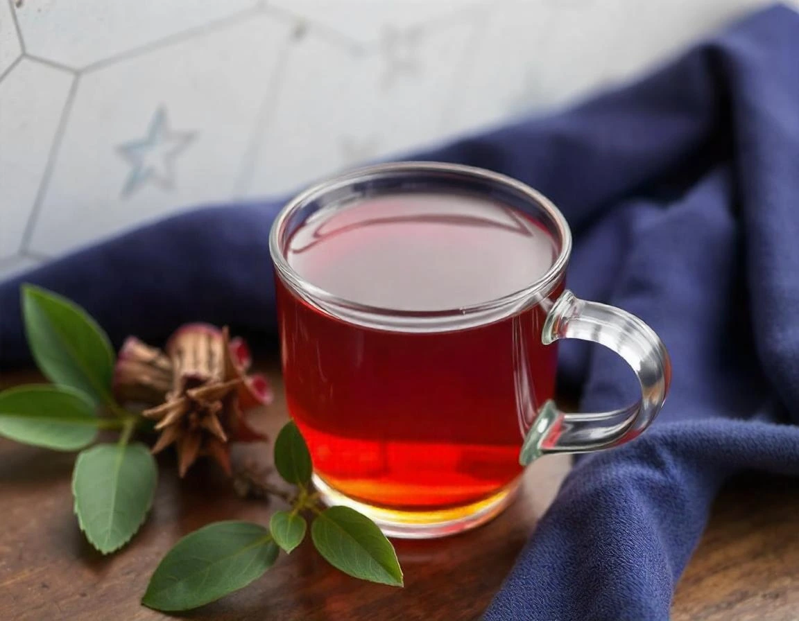 Glass mug of red herbal tea with fresh berries and leaves on blue blanket