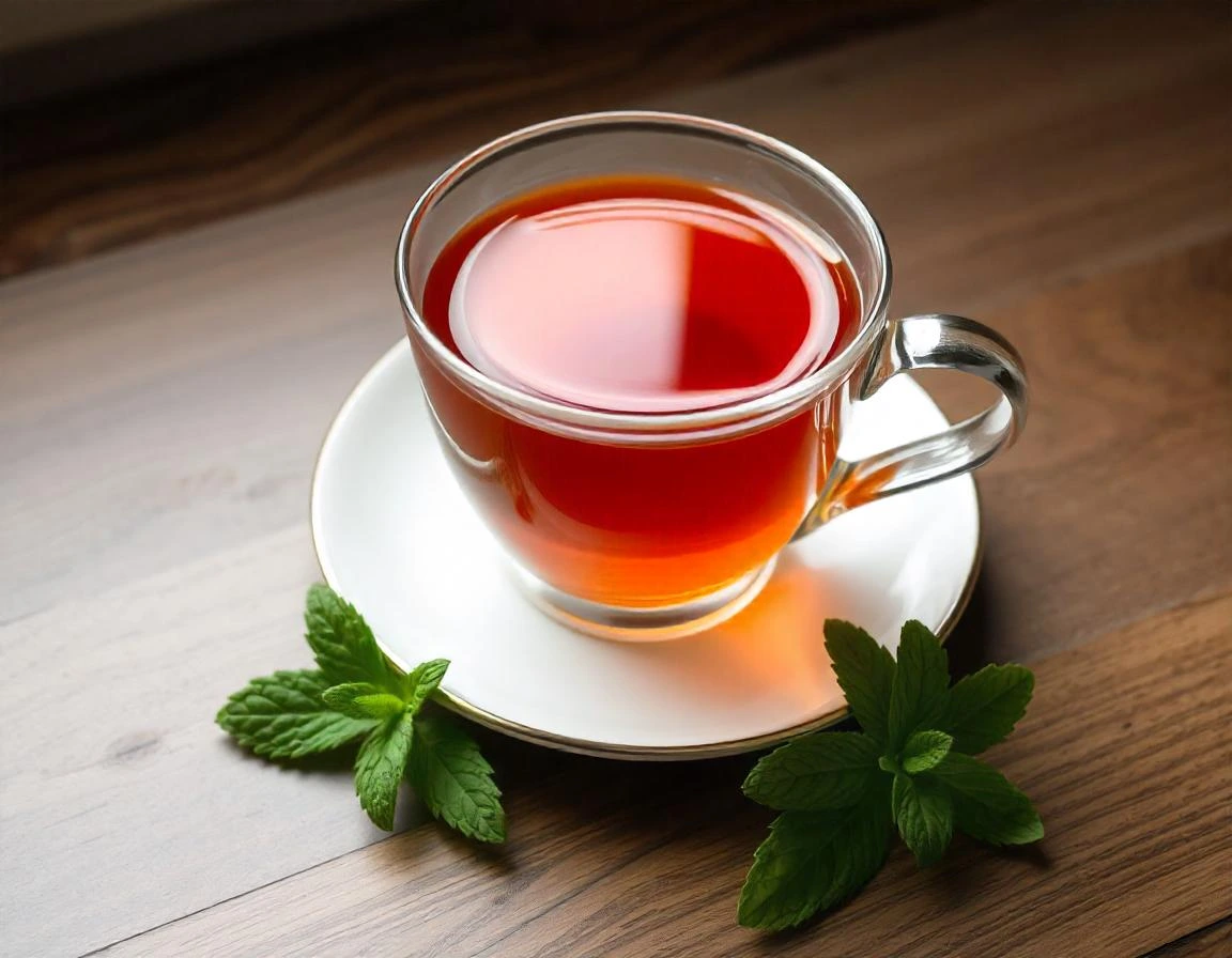 Glass cup of red tea with fresh mint leaves on white saucer
