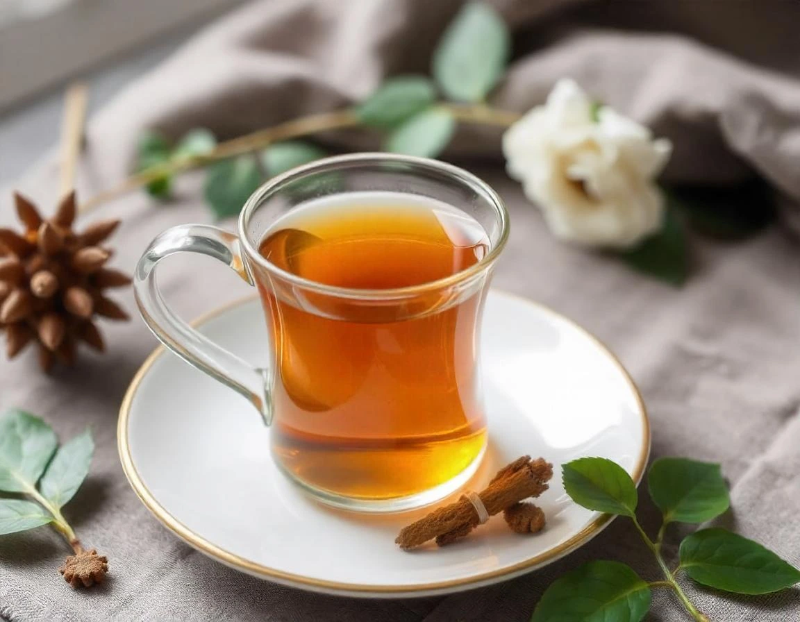 Cup of amber tea with cinnamon stick, star anise, and fresh white flowers on saucer.