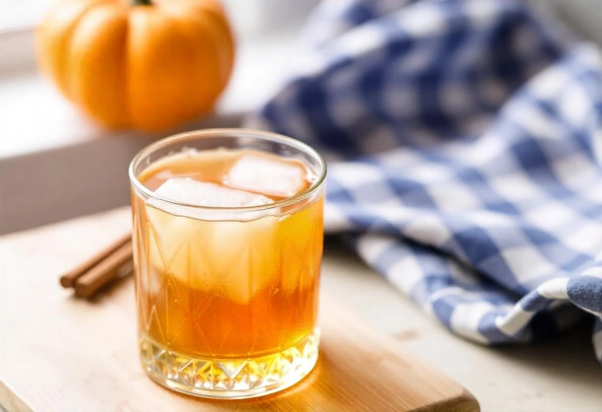 Autumn cocktail with pumpkin, cinnamon sticks, and blue checkered cloth