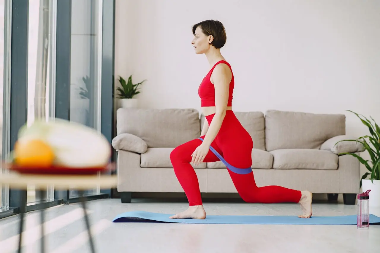 Woman in red workout clothes doing lunge exercise with resistance band at home