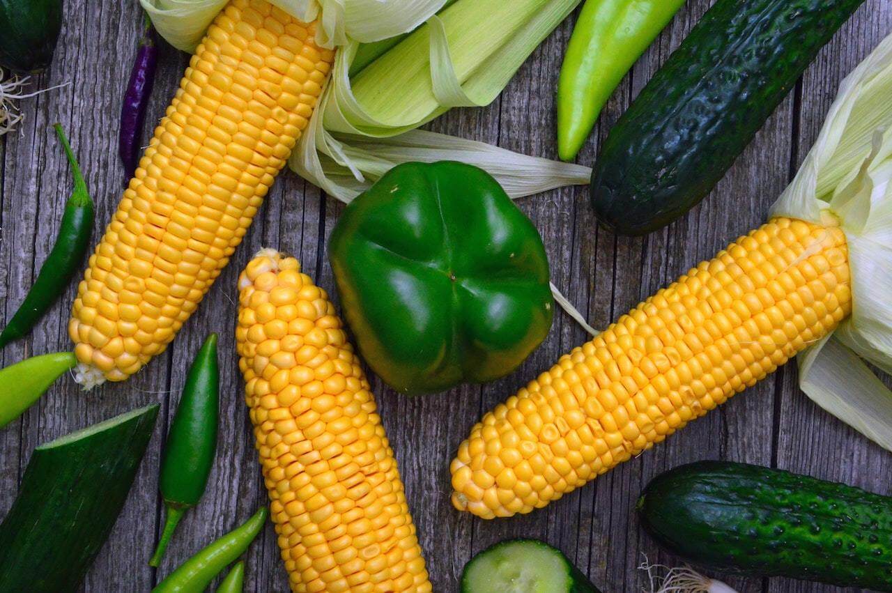 Fresh corn, bell pepper, cucumber, and chili peppers on wooden background