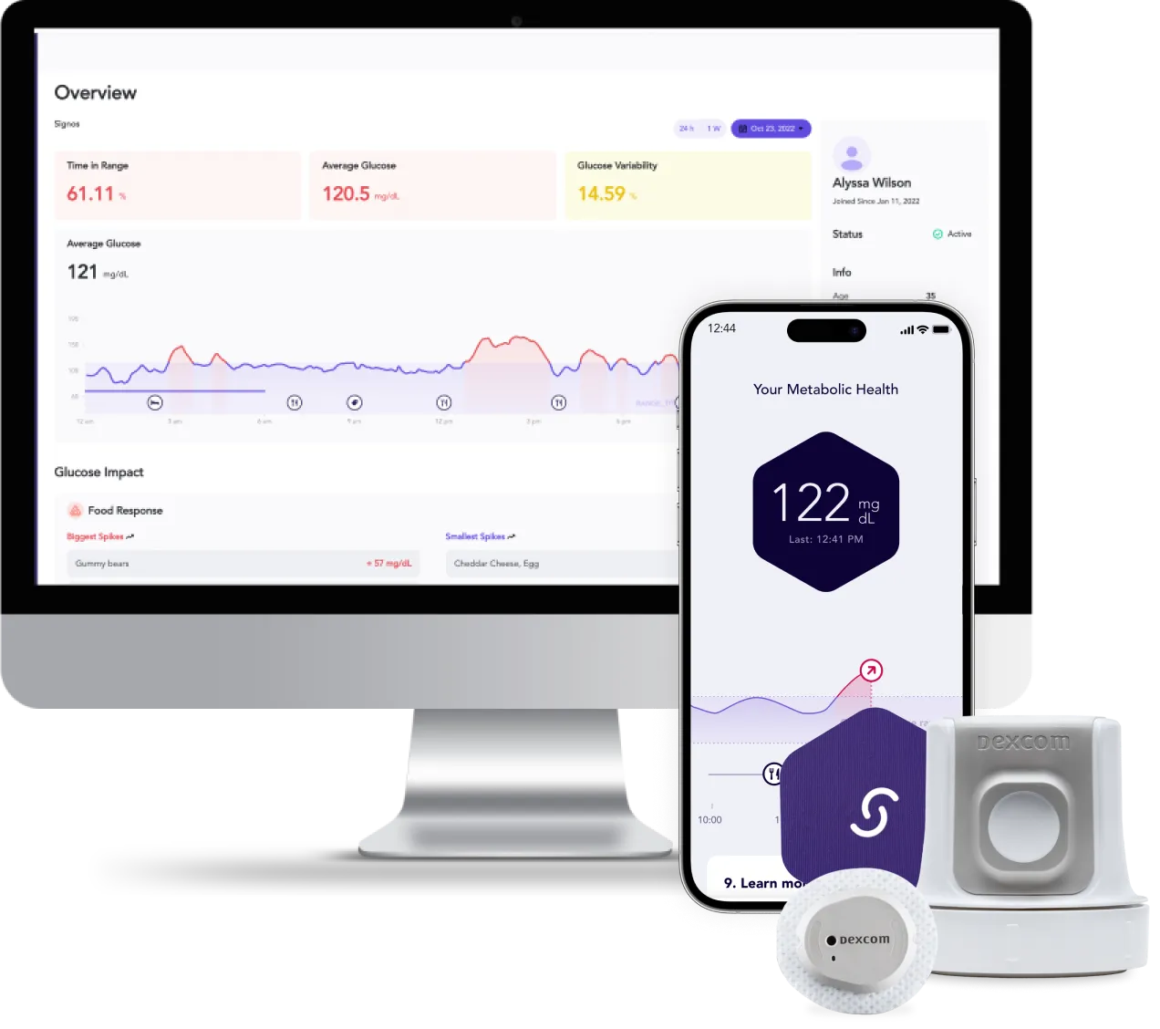 Dexcom glucose monitoring system showing metabolic health data on devices