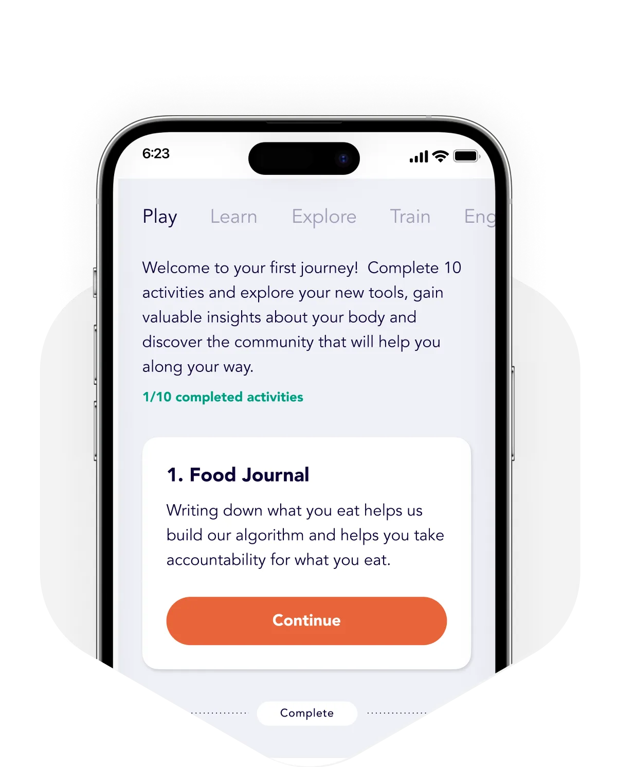 Mobile app screen showing first journey with Food Journal activity
