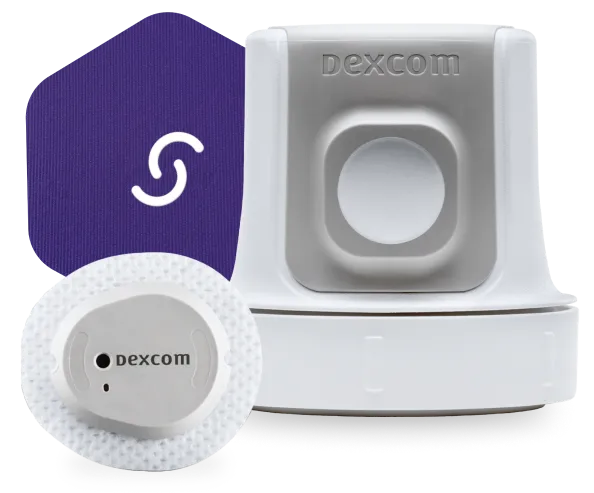 Dexcom continuous glucose monitoring system with purple sensor and white receiver