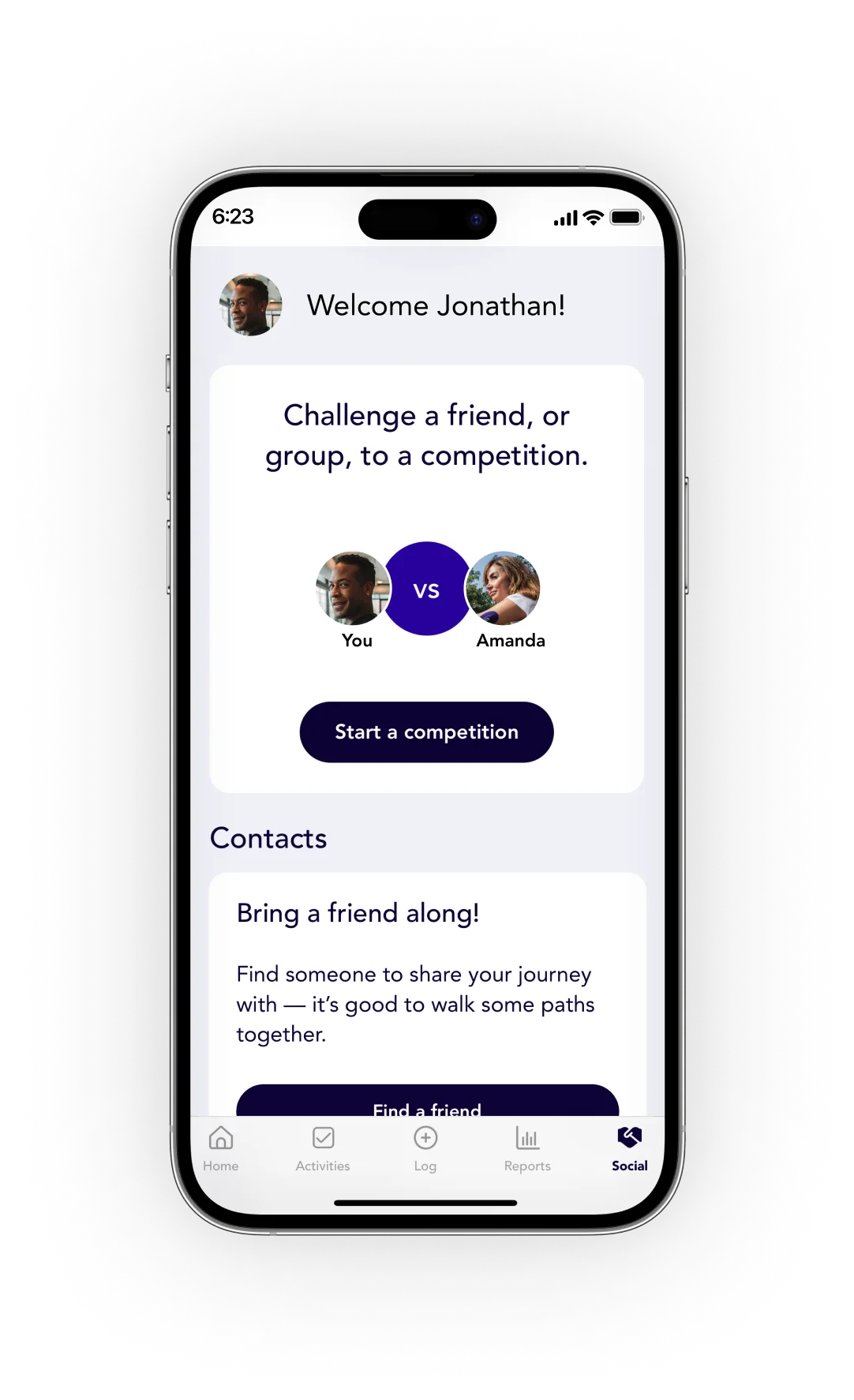 Mobile app screen showing challenge option between users for competition