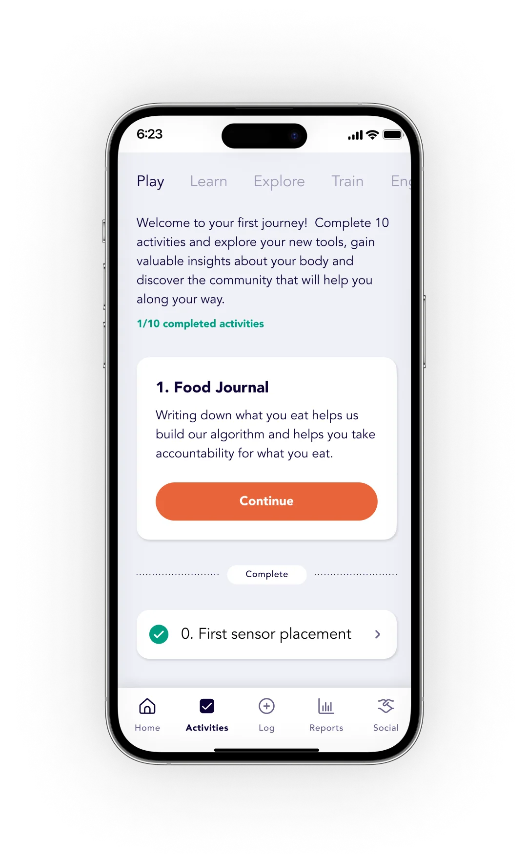 Health app first journey screen with food journal and sensor placement