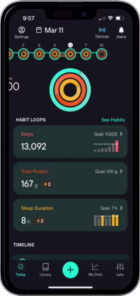 Fitness tracking app showing daily steps, protein, and sleep metrics