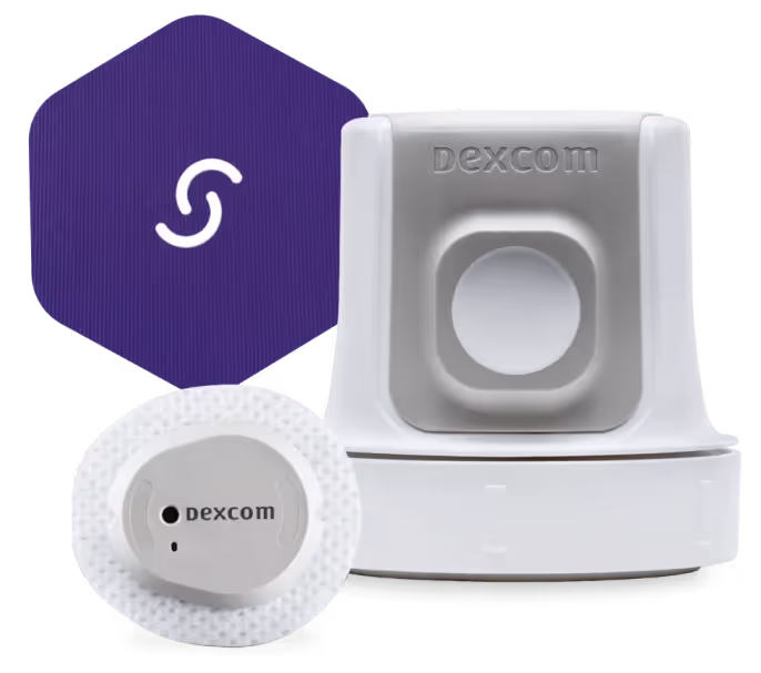 Dexcom continuous glucose monitor with purple logo and white receiver
