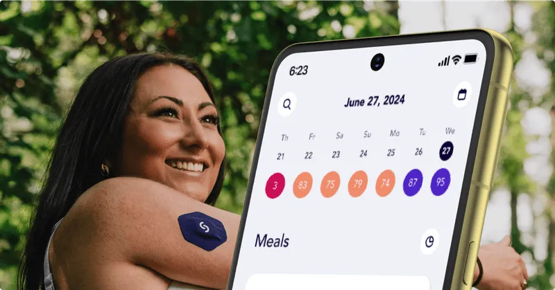 Smiling person with health tracking device and app showing meal calendar