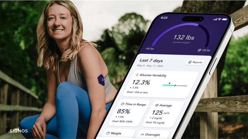 Woman with glucose monitoring app showing health tracking metrics